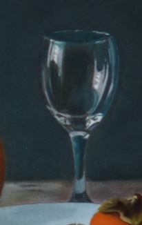 Detail van een schilderij: een wijnglas