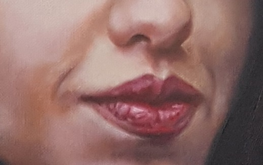 Detail van een schilderij: volle rode lippen