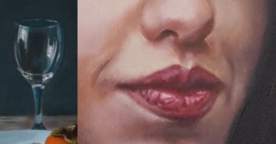 2 details van schilderijen, een wijnglas en rode lippen, gecombineerd tot 1 afbeelding